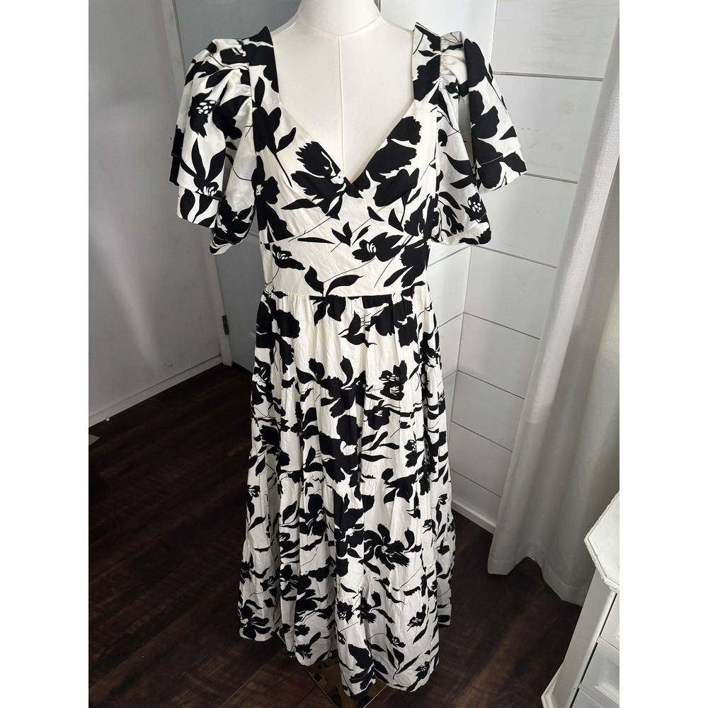 English Factory Dress Womens Large White Black Floral Bubble Sleeve Maxi Wedding